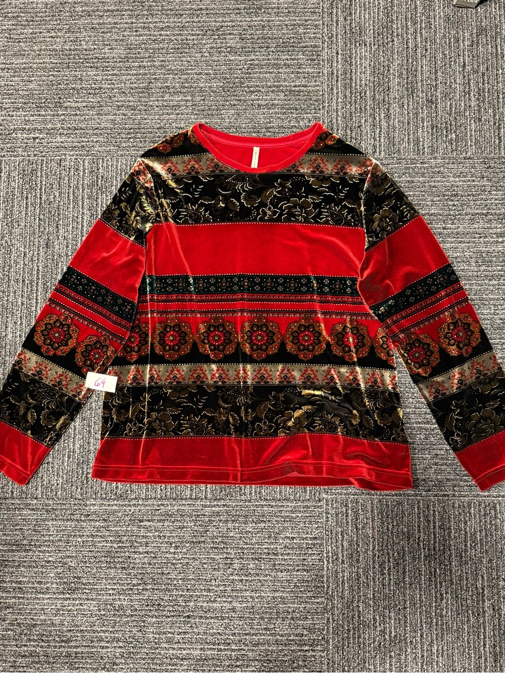 White Stag Red and Black Velvet-Patterned Long Sleeve Top